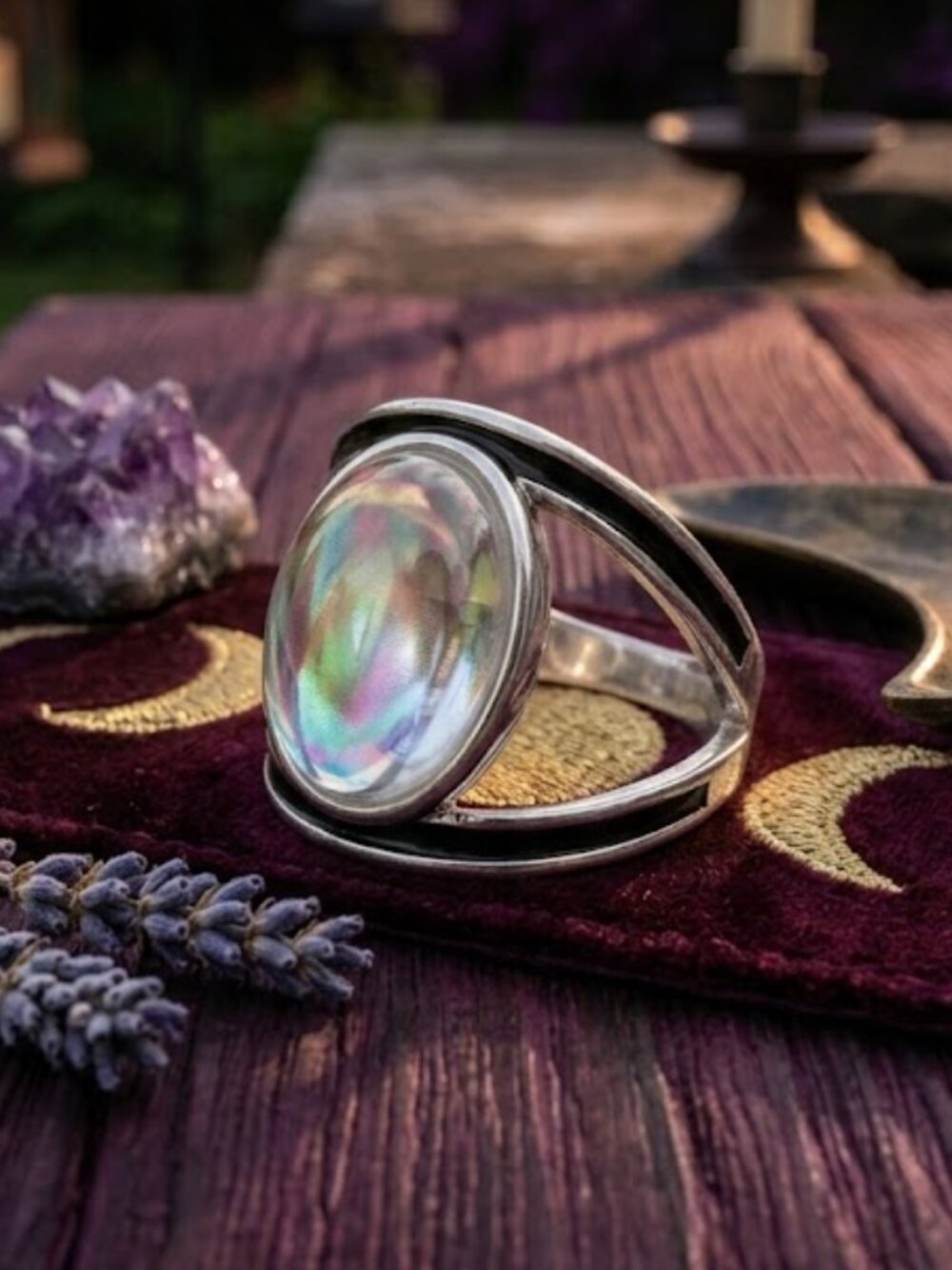 Aurora Crystal Silver Split Shank Oval Statement Ring Whimsigoth Celestial Sz 9